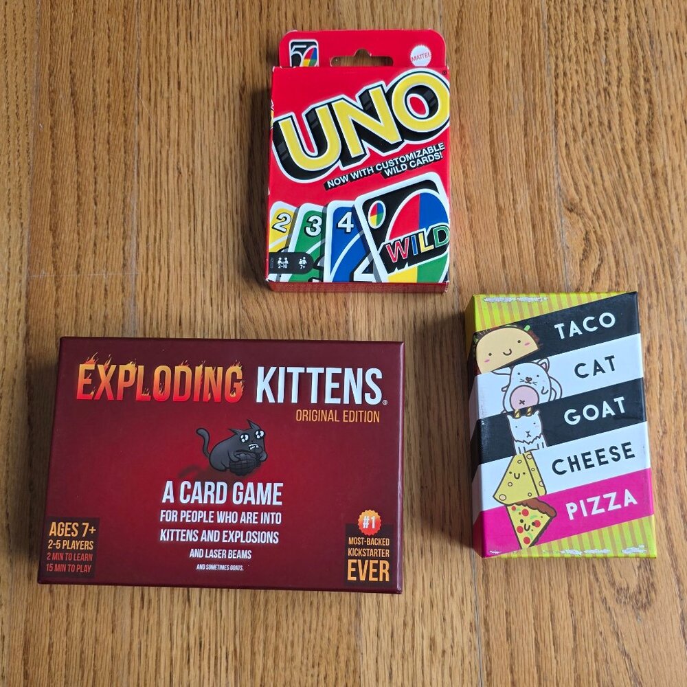 Card Game Bundle: Uno, Exploding Kittens, Taco Cat Goat Cheese Pizza Game Night